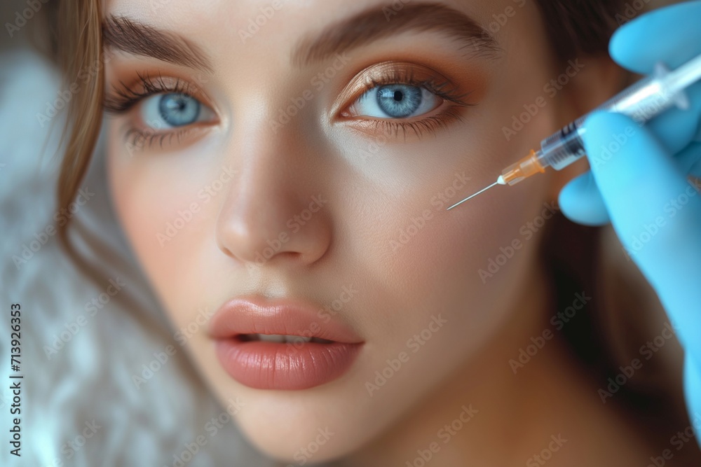 A cosmetologist, a woman about 35 years old, gives beauty injections to a woman about 30 years old, who is lying on the couch A cosmetologist, a woman about 35 years old, gives beauty injections to a woman about 30 years old, who is lying on the couch