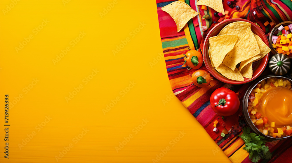 Vibrant Cinco de Mayo Concept: Top View Photo of Traditional Food, Nacho Chips, Salsa, Chilli, Tequila, Sombrero, Serape, Cactus, and Maracas on Isolated Vivid Yellow Background with Copyspace 