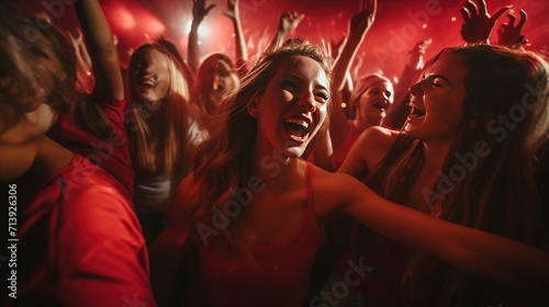 Group of young women dancing in a party, real photo, stock photography with a high-contrast color full hectic