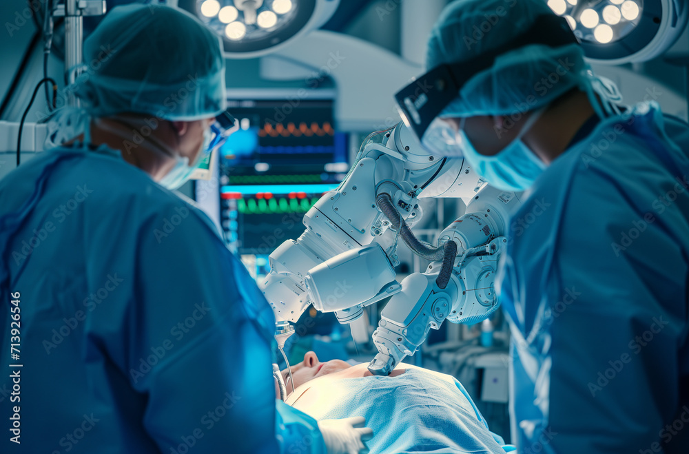 Two Surgeons Observing High-Precision Programmable Automated Robot Arms Operating Patient In High-Tech Hospital