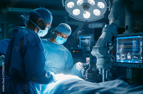 Two Surgeons Observing High-Precision Programmable Automated Robot Arms Operating Patient In High-Tech Hospital