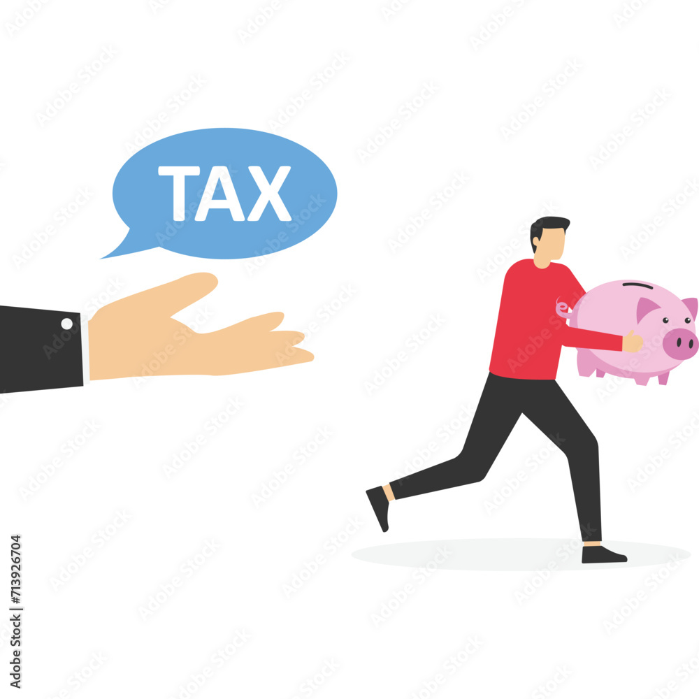 Lift piggy bank to escape the tax collection, Vector illustration in flat style

