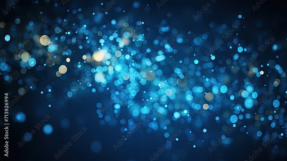 Blue bokeh background,  raining light, blurry lights, blurry background, blue confettis on a black background, underwater, night lights, city lights, haze, depth of field, round bokeh, circle bokeh