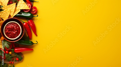 Vibrant Cinco de Mayo Concept: Top View Photo of Traditional Food, Nacho Chips, Salsa, Chilli, Tequila, Sombrero, Serape, Cactus, and Maracas on Isolated Vivid Yellow Background with Copyspace 