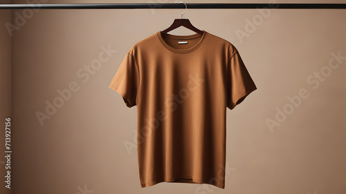 Brown cotton t-shirt, hanging using brown wood colore hanger