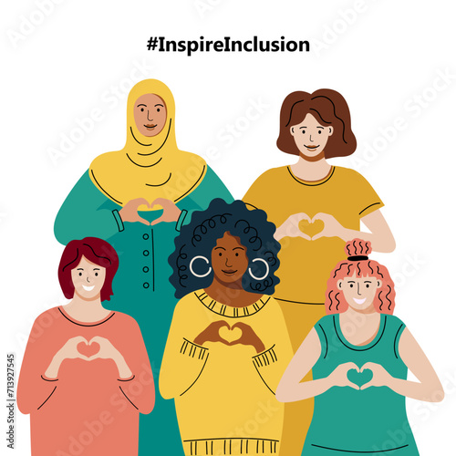Women are showing sign of heart with their hands. Inspire Inclusion is campaign theme of International Women's Day 2024. #InspireInclusion