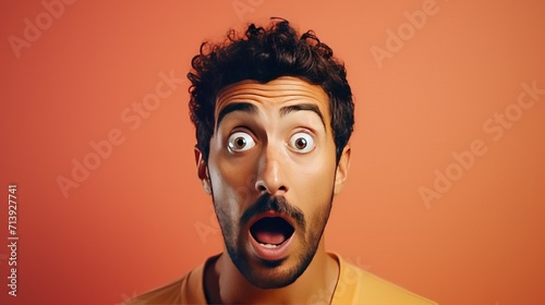 Surprised man on face and hand, face shot, isolated on colored background photo