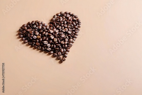 Coffee beans are laid out in a heart shape on a beige background