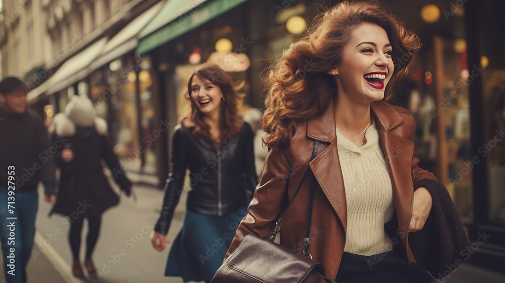 Vintage-style capture of smiling young women shopping in a bustling city