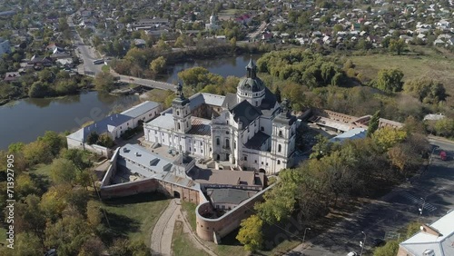 Aerial drone autumn footage of Monastery of the Bare Carmelites in Berdychiv, historic city in Zhytomyr Oblast, northern Ukraine. photo