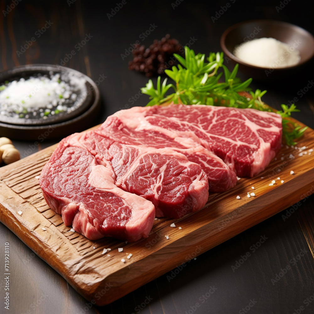 Japanese marbled beef steak. The meat is of very high quality. On the table. Unusual background. With spices and rosemary.