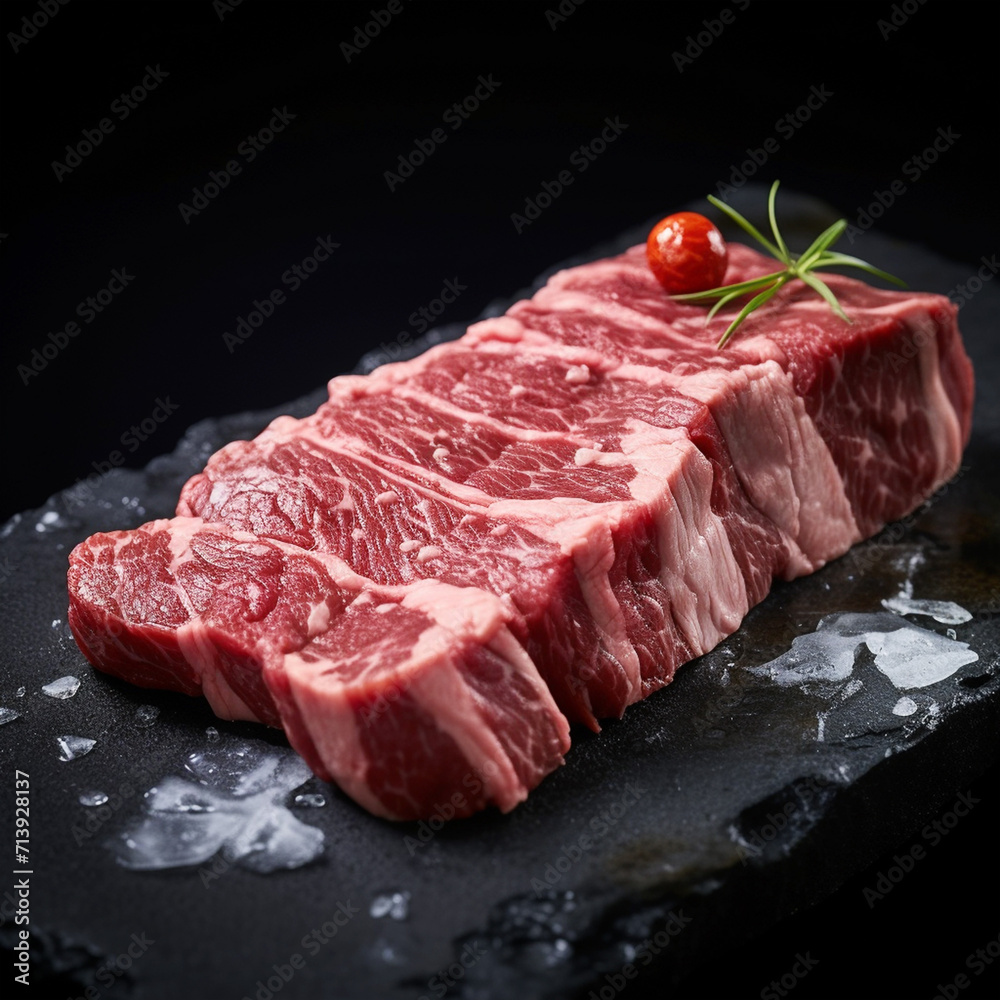 Japanese marbled beef steak. The meat is of very high quality. On the table. Unusual background. With spices and rosemary.