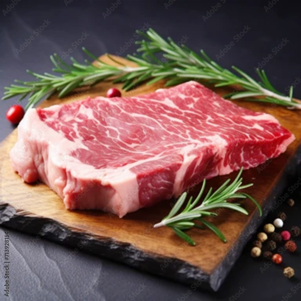 Japanese marbled beef steak. The meat is of very high quality. On the table. Unusual background. With spices and rosemary.