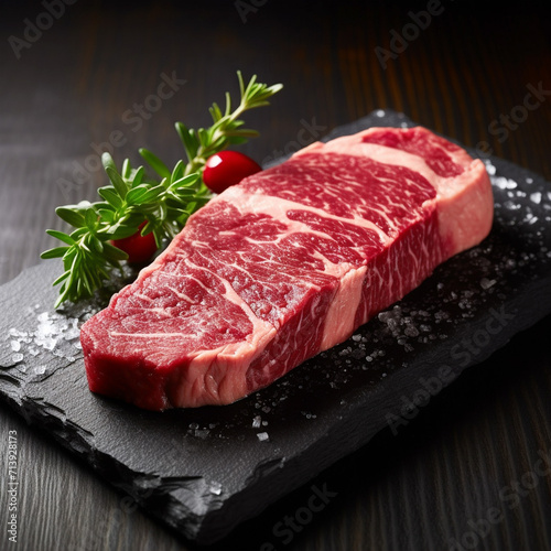 Japanese marbled beef steak. The meat is of very high quality. On the table. Unusual background. With spices and rosemary.