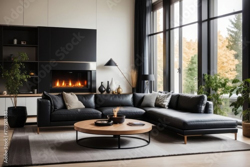 Interior home design of modern living room with black leather sofa and table with fireplace