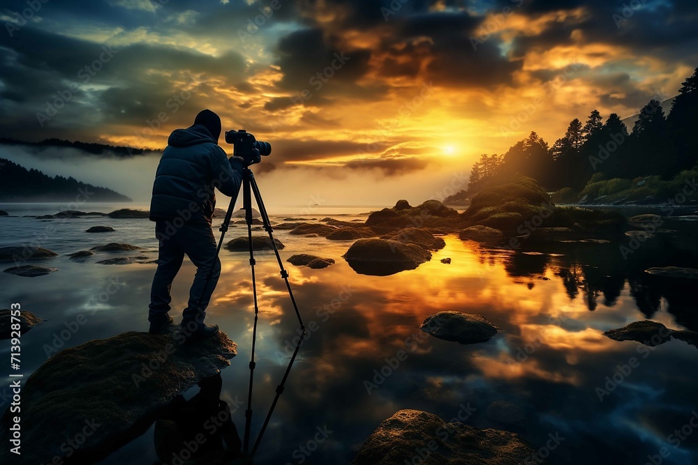 A professional photographer capturing a breathtaking natural landscape with a high-resolution camera