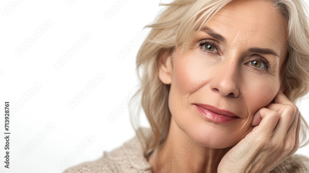 Beautiful gorgeous 50s mid aged mature woman looking at camera isolated on white. Mature old lady close up portrait. Healthy face skin care beauty, middle age skincare cosmetics, cosmetology concept Beautiful gorgeous 50s mid aged mature woman looking at camera isolated on white. Mature old lady close up portrait. Healthy face skin care beauty, middle age skincare cosmetics, cosmetology concept