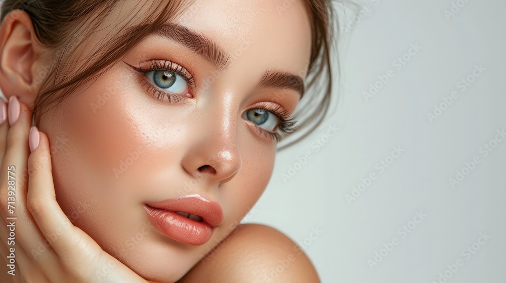 Beautiful model girl with a French manicure nails. Woman Fashion makeup and care for hands cosmetics. Facial treatment . Cosmetology,beauty and spa. Skin care