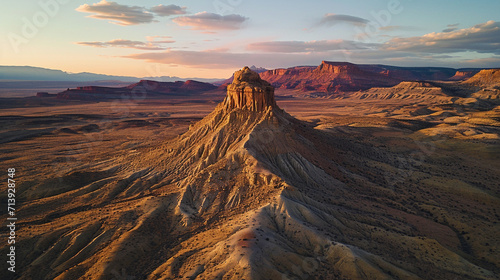 At sunset, observe an overhead perspective of a sandstone butte situated in the desert valley of Utah, specifically in Capitol Reef National Park near Hanksville, United States. Generative AI photo