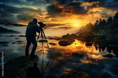 A professional photographer capturing a breathtaking natural landscape with a high-resolution camera