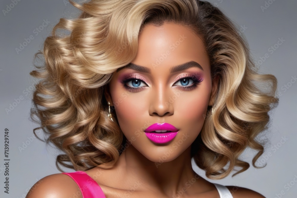 The image features a beautiful black woman with blonde hair and bright pink lipstick. She has a curly shoulder-length bob and her eyes are a striking shade of blue. She is wearing white earrings