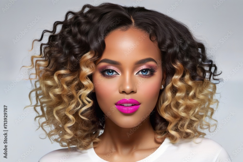 The image features a close-up of a woman with blonde curly hair and bright pink lipstick. She has a strong look in her eyes and her hair is styled in tight curls.