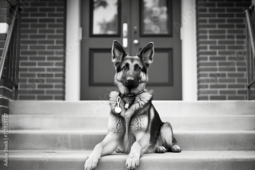 puppy German Shepherd lies in front of the entrance to the house in evropean contry. photo