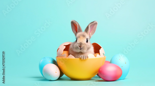 Cute Easter bunny sitting in a broken egg with easter eggs on isolated background - ai generative