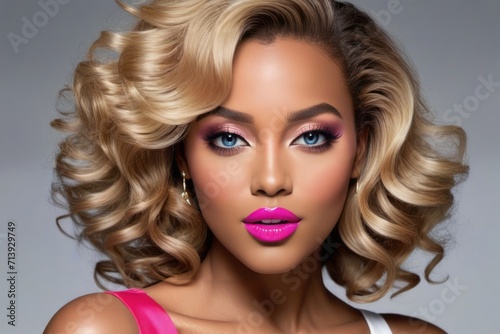 The image features a beautiful black woman with blonde hair and bright pink lipstick. She has a curly shoulder-length bob and her eyes are a striking shade of blue. She is wearing white earrings