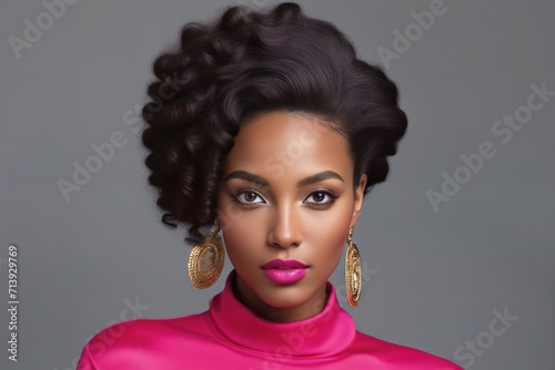 A beautiful black woman with big gold earrings, a pink top, and dark curly hair is looking at the camera.