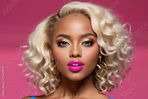 The image features a close-up of a woman with blonde hair and bright pink lipstick. She is wearing white clothing and large earrings. The background is a gradient of pink