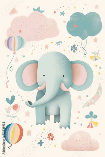  illustration with cute elephant. Nursery baby illustration, Generative AI 