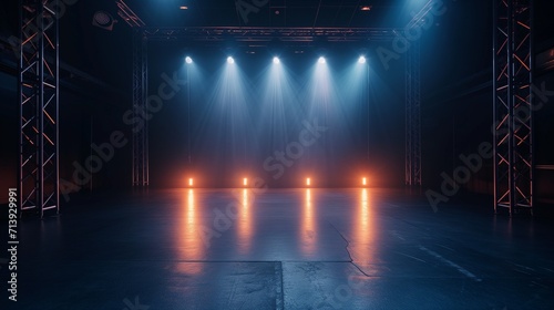An atmospheric empty stage set on a dark floor, illuminated by vibrant stage lights strategically placed around the perimeter, creating an inviting space for a performance or event. photo