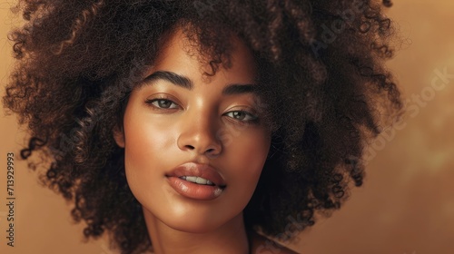 Black woman, beauty and skincare face portrait for natural afro, facial or hair care cosmetics. Healthy, beautiful and assertive model with curly hair shine and texture in brown studio background.