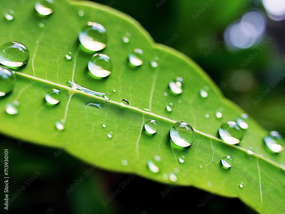 A close-up view of a water droplet resting delicately on a vibrant green leaf.