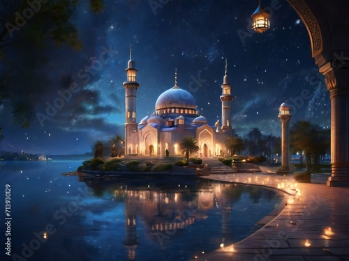 Ramadan vibes with mosque, lake and many stars background, design for poster, banner, flyer, Islamic social media theme. ai generative design