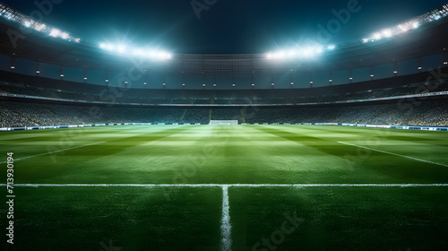 Football stadium arena for match with spotlight. Soccer sport background, green grass field for competition champion match. © john