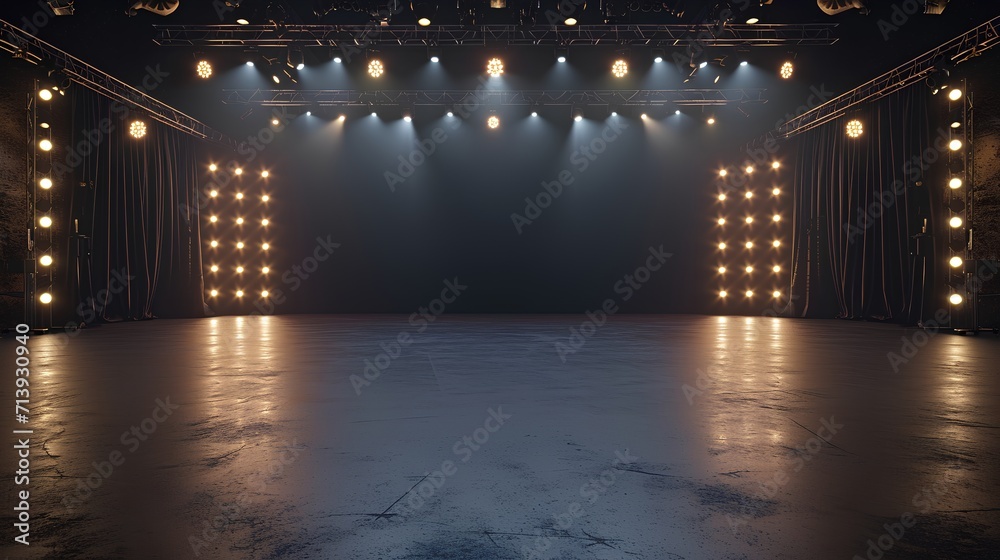 An atmospheric empty stage set on a dark floor, illuminated by vibrant ...