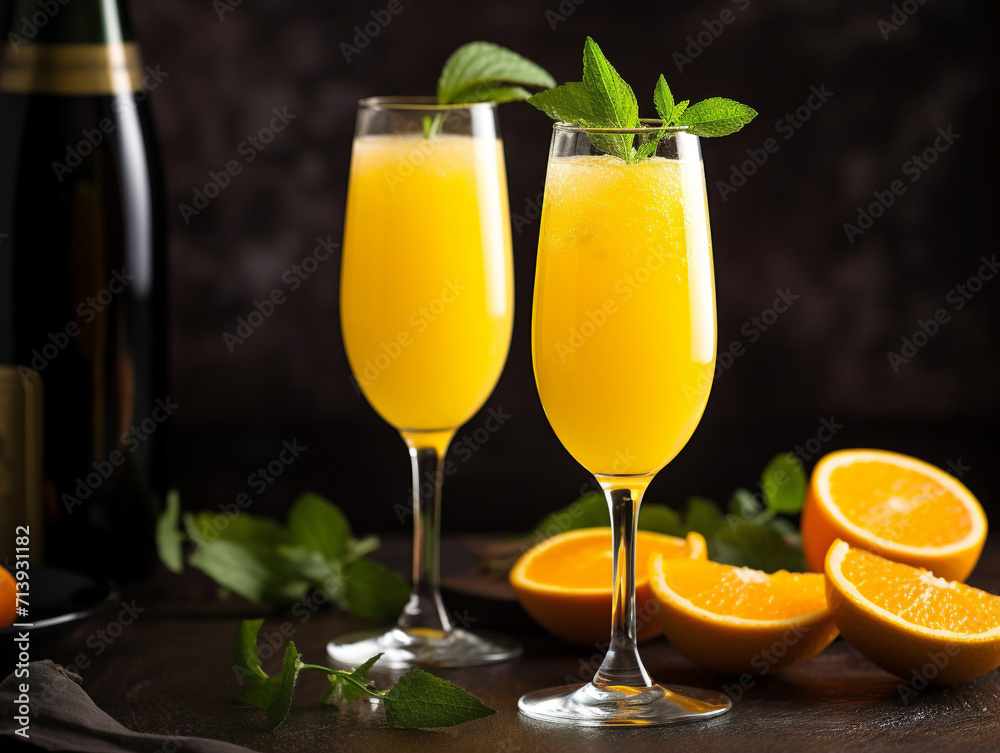 A refreshing cocktail made with mimosa, orange juice, and champagne, served in vintage style. A refreshing cocktail made with mimosa, orange juice, and champagne, served in vintage style.