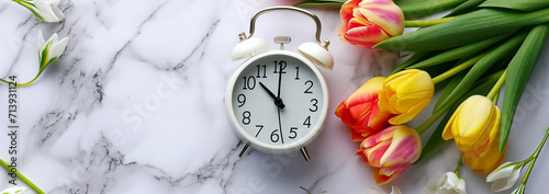 Embrace the Spring Forward Daylight Saving Time with a charming flat lay featuring a white alarm clock and tulips on a marble surface, capturing the essence of the season's renewal
