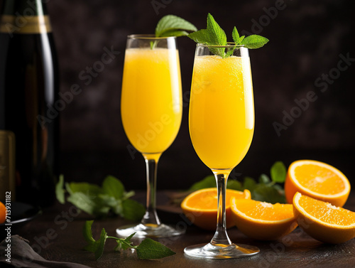 A refreshing cocktail made with mimosa, orange juice, and champagne, served in vintage style.