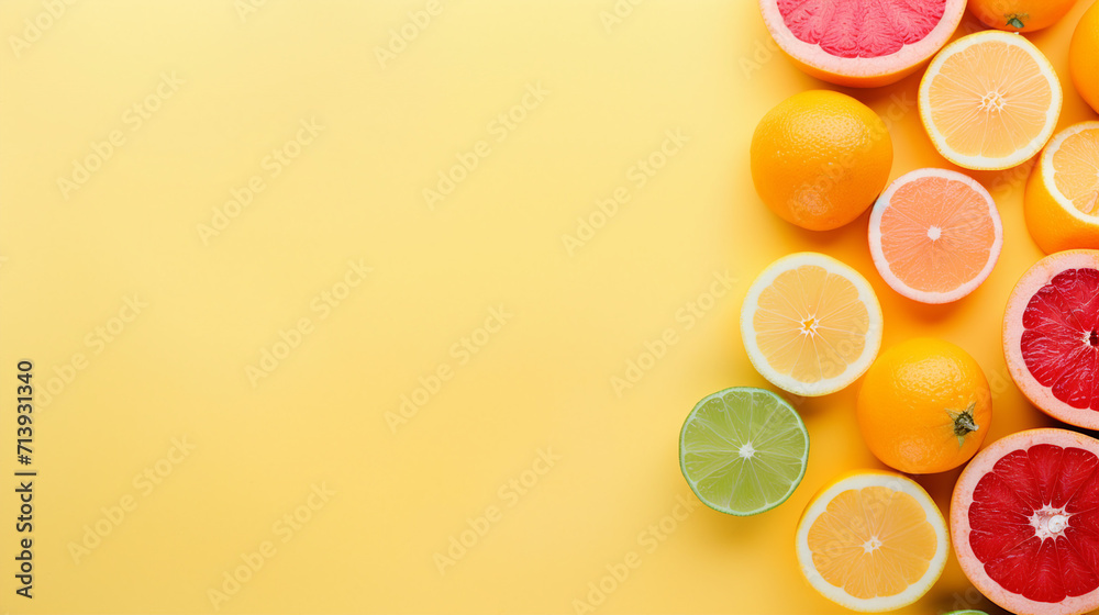 Colorful Citrus Fruits on Pantone Background – Fresh and Juicy Fruit Flatlay for Summer Promotions and Advertising with Copy-space Colorful Citrus Fruits on Pantone Background – Fresh and Juicy Fruit Flatlay for Summer Promotions and Advertising with Copy-space