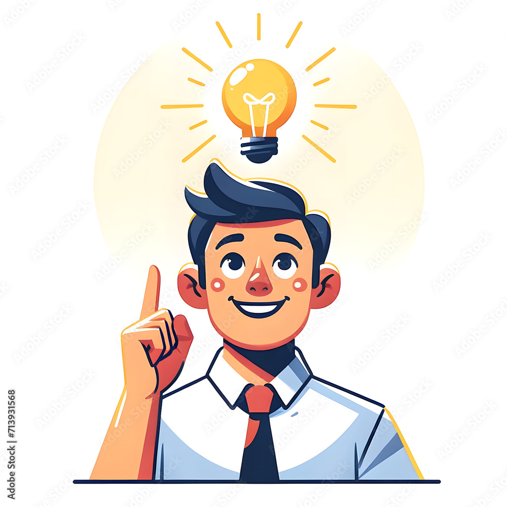 stylised cartoon of a man with an idea, indicated by a glowing light bulb above his head, suitable for educational content, motivational materials, or business related media to symbolise innovation stylised cartoon of a man with an idea, indicated by a glowing light bulb above his head, suitable for educational content, motivational materials, or business related media to symbolise innovation