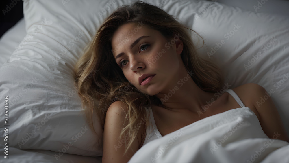 A troubled woman can't get out of bed, depression or sadness is overwheliming A troubled woman can't get out of bed, depression or sadness is overwheliming