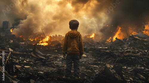 Un enfant face au feu et à la destruction : les enfants sont les véritables victimes de la guerre, IA générative photo