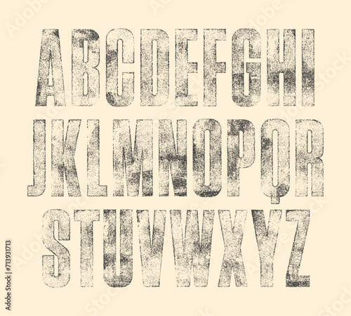 Faded, worn ink texture font (Darker version). Highly detailed hand textured characters with a faded, rough, rolled ink print texture.