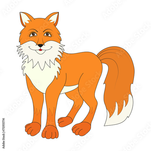Standing fox isolated on a white background. Body side view, head in full face. Vector illustration. Forest animal.