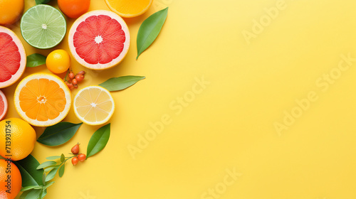 Colorful Citrus Fruits on Pantone Background – Fresh and Juicy Fruit Flatlay for Summer Promotions and Advertising with Copy-space