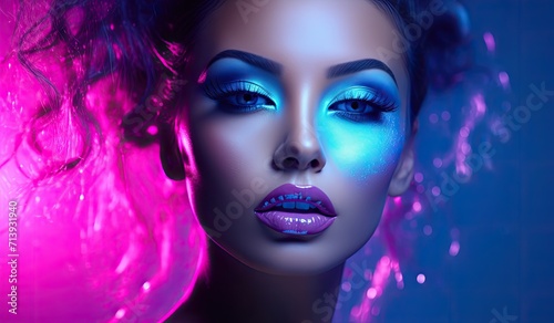 Portrait of a model against a neon pink and blue background  exuding a futuristic and fashionable vibe.