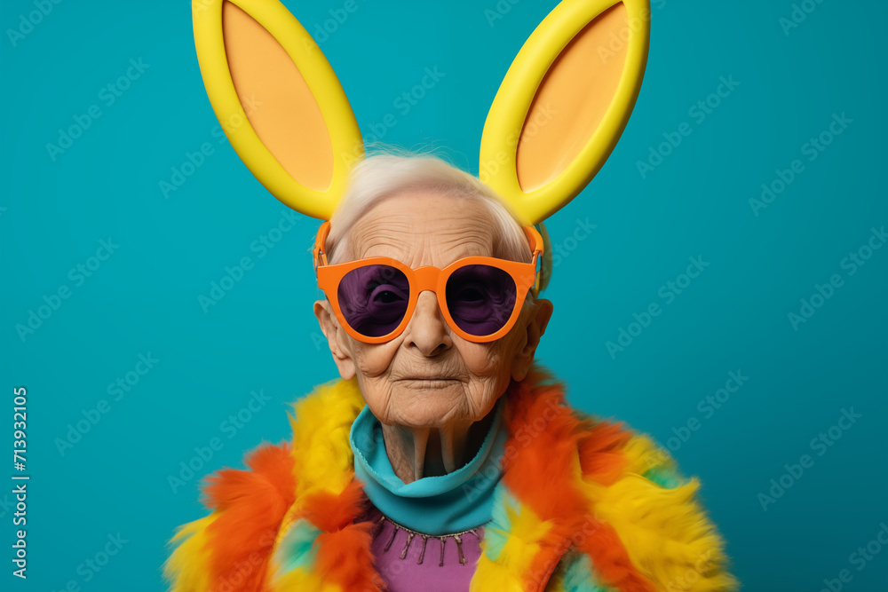 An elderly woman with a playful spirit wears vibrant yellow bunny ears and orange sunglasses against a bright teal background.
